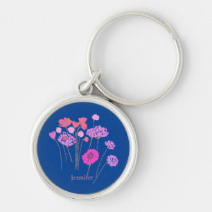 Pretty Modern Floral Dark Blue Key Ring