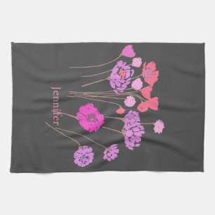Pretty Modern Floral Dark Grey Tea Towel
