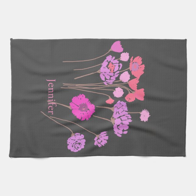 Pretty Modern Floral Dark Grey Tea Towel (Horizontal)