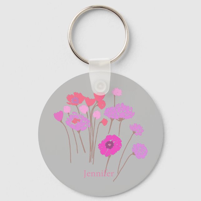 Pretty Modern Floral Grey Key Ring (Front)