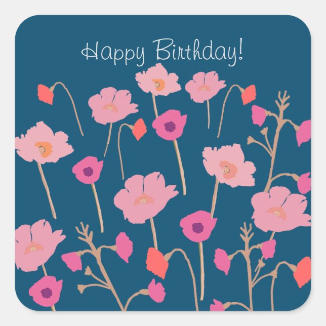 Pretty Modern Floral Happy Birthday Square Sticker (Front)