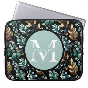 Pretty Modern Floral Monogram Name + Initials Laptop Sleeve