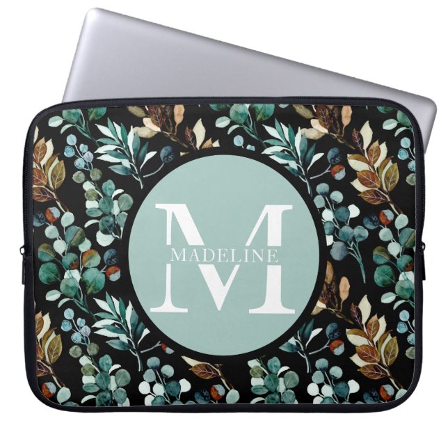 Pretty Modern Floral Monogram Name + Initials Laptop Sleeve (Front)