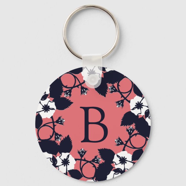 Pretty Modern Floral Pink Monogram Key Ring (Front)