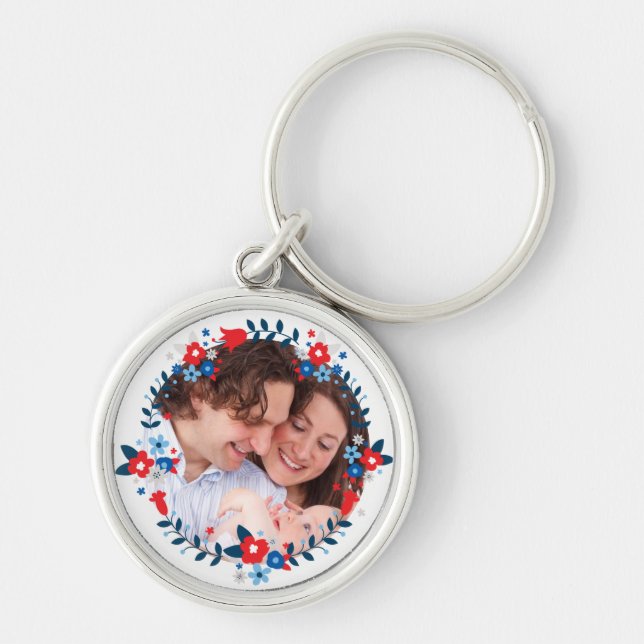 Pretty Modern Floral Wreath Custom Photo Key Ring (Front)
