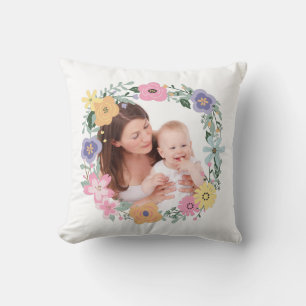 Pretty Modern Flower Wreath Custom Photo Cushion