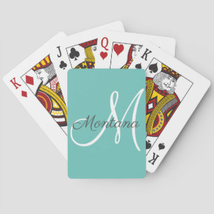 Pretty Modern Girly Monogram Blue Green Name Playing Cards