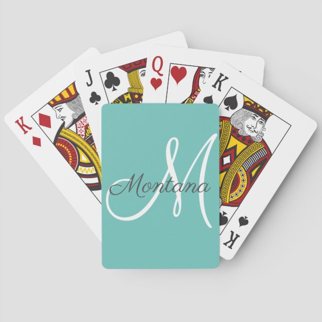 Pretty Modern Girly Monogram Blue Green Name  Playing Cards (Back)