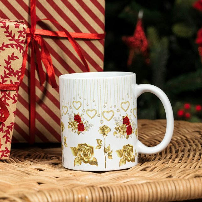Pretty Modern Golden, Red Roses & Hanging Hearts Mug (Creator Uploaded)