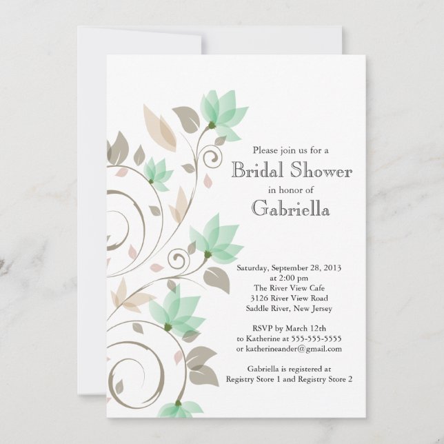 Pretty Modern Mint Green Floral Vine Bridal Shower Invitation (Front)