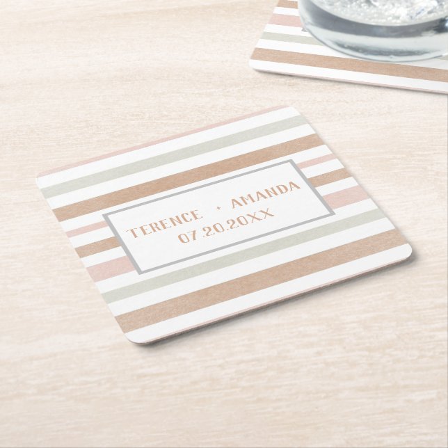 Pretty Modern Neutral Stripes Personalised   Square Paper Coaster (Angled)