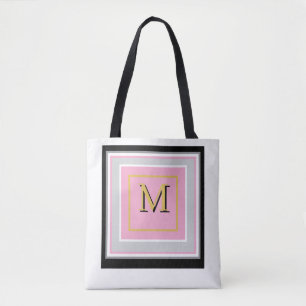 Pretty Modern Pink, Black, Grey & White Monogram Tote Bag