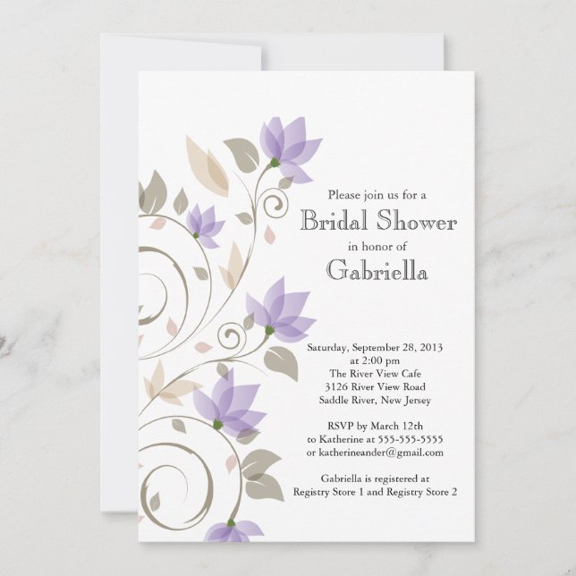 Pretty Modern Purple Floral Vine Bridal Shower Invitation (Front)