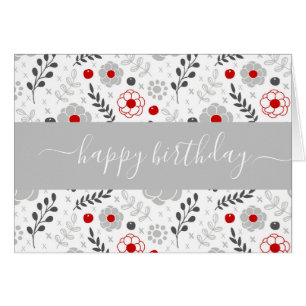 Pretty Modern Red and Grey Flowers Birthday Card