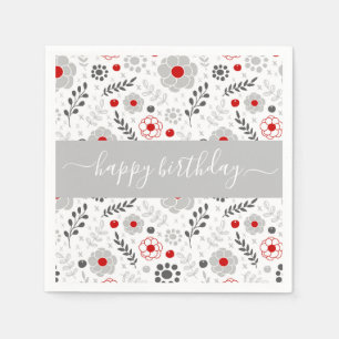 Pretty Modern Red and Grey Flowers Birthday Napkin