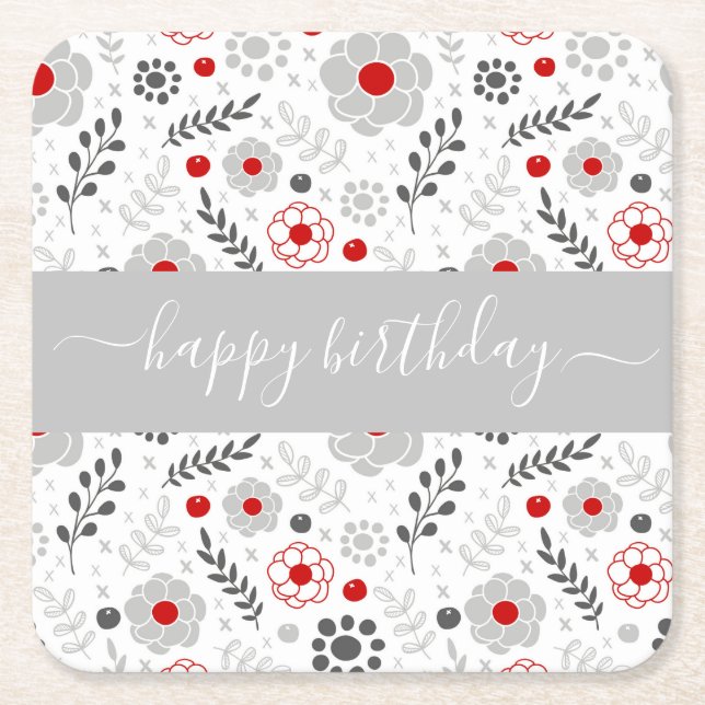 Pretty Modern Red and Grey Flowers Birthday Square Paper Coaster (Front)