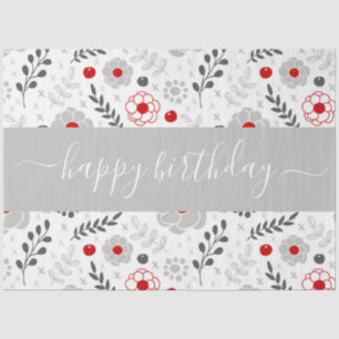 Pretty Modern Red and Grey Flowers Birthday Tissue Paper