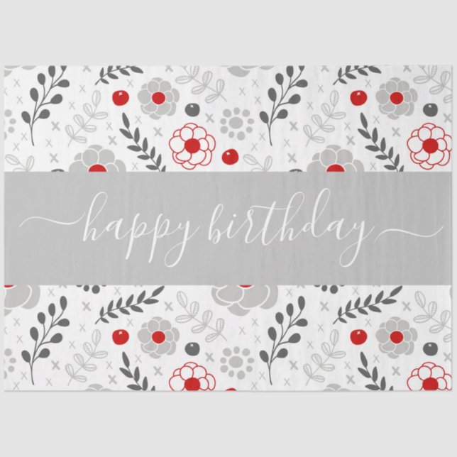 Pretty Modern Red and Grey Flowers Birthday Tissue Paper (Front)