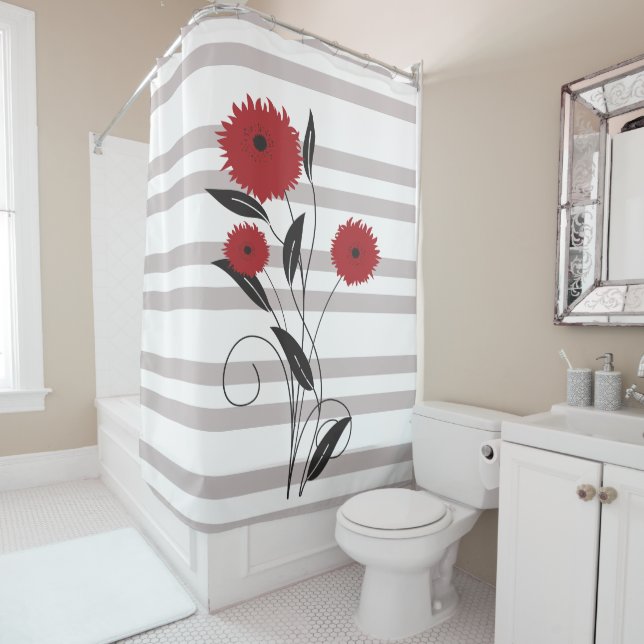 Pretty Modern Red Black and Grey Floral Shower Curtain (In Situ)