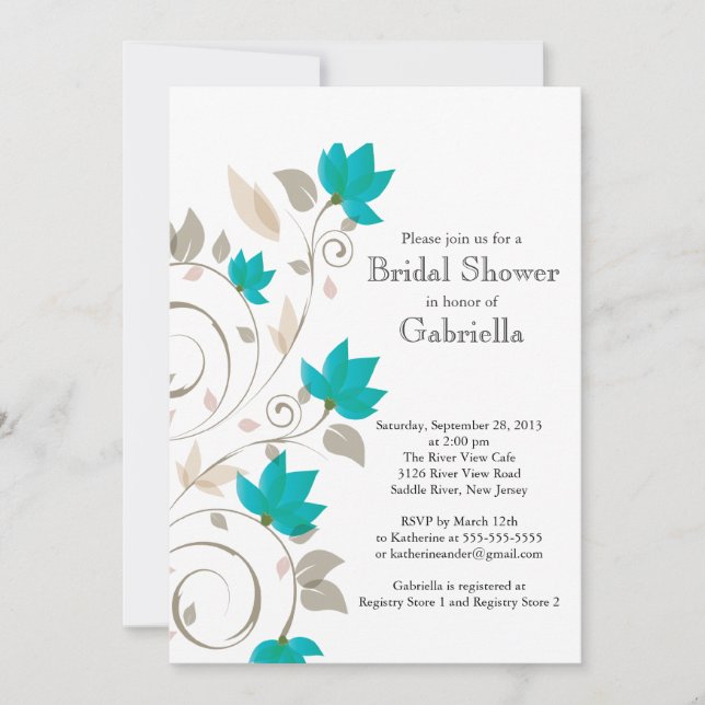 Pretty Modern Turquoise Floral Vine Bridal Shower Invitation (Front)