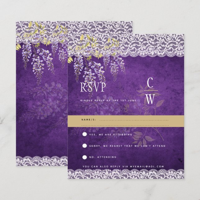 Pretty Modern Wisteria Lace Purple Wedding RSVP (Front/Back)