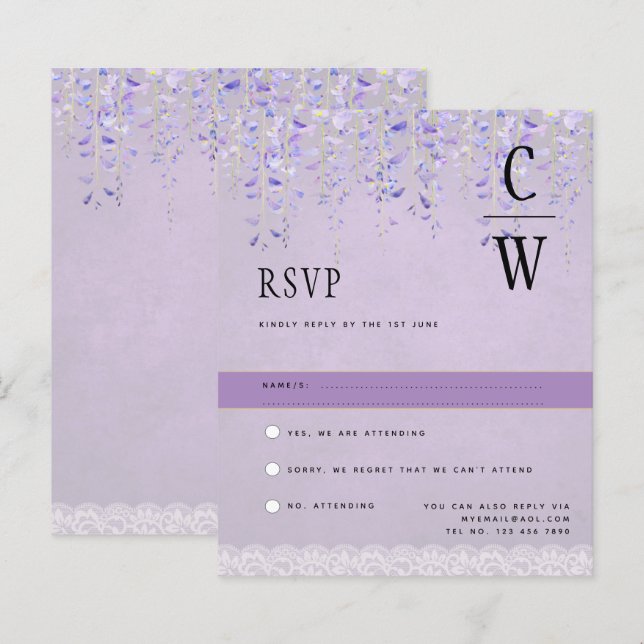 Pretty Modern Wisteria Lace Purple Wedding RSVP (Front/Back)