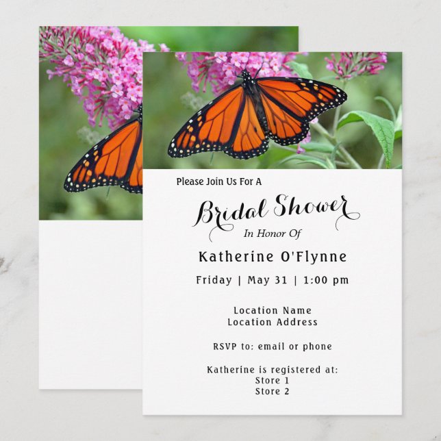 Pretty Monarch Butterfly Pink Floral Bridal Shower Invitation (Front/Back)