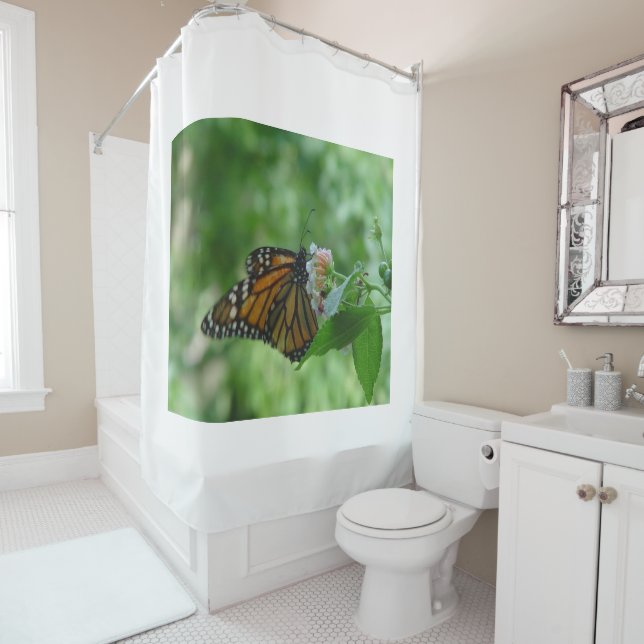 Pretty Monarch Butterfly Pink White Flower Shower Curtain (In Situ)