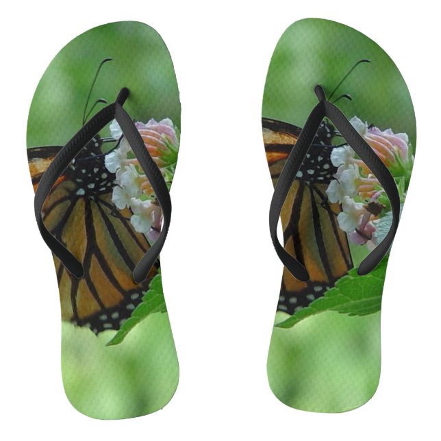 Pretty Monarch Butterfly White Pink Flowers Flip Flops (Footbed)