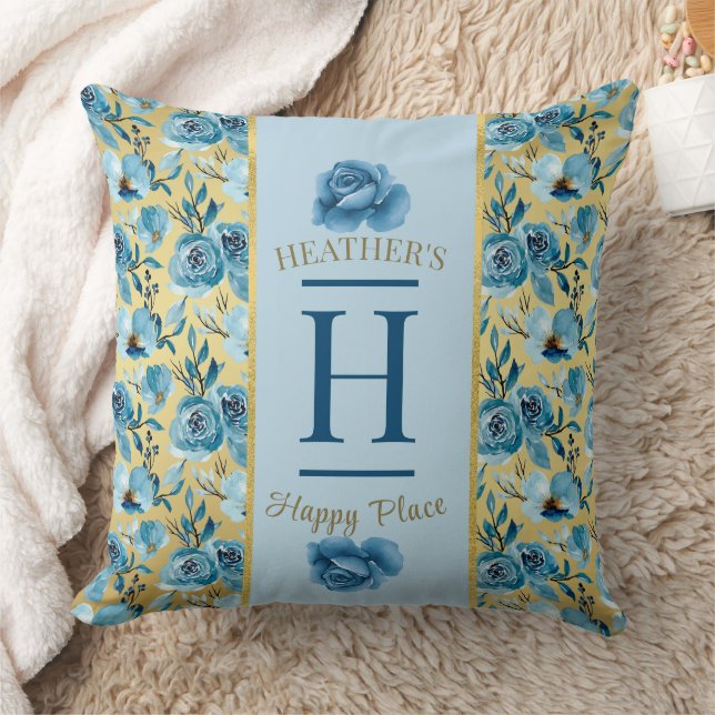 Pretty Monogram Blue Country Floral Happy Place  Cushion (Blanket)