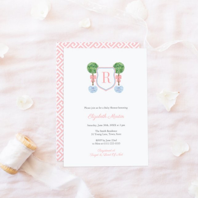 Pretty Monogram Box Topiary Girl Baby Shower Party Invitation (Creator Uploaded)