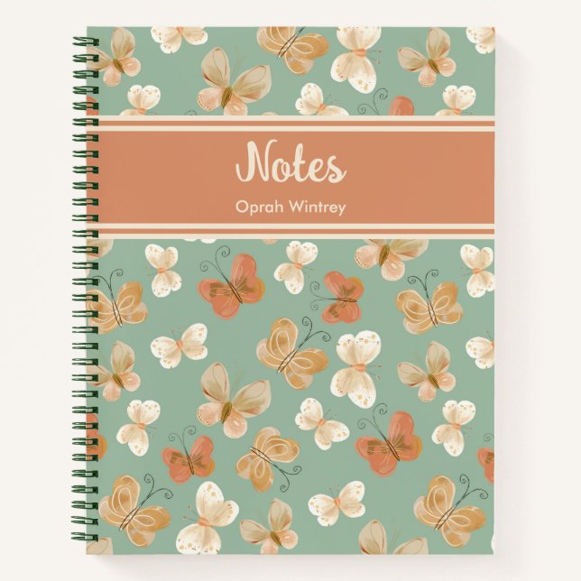 Pretty Monogram Butterfly Personalised Green Name  Notebook (Front)
