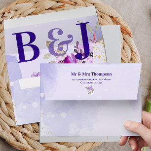 Pretty Monogram Cute Purple Blue Floral Wedding  Envelope