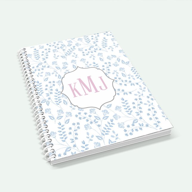 Pretty Monogram Elegant Simple Blue Floral  Notebook (Creator Uploaded)