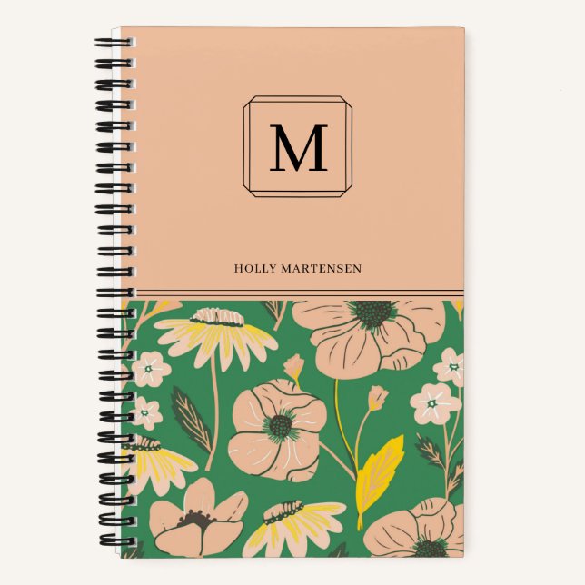 Pretty Monogram Floral Pattern Personalised Name Notebook (Front)