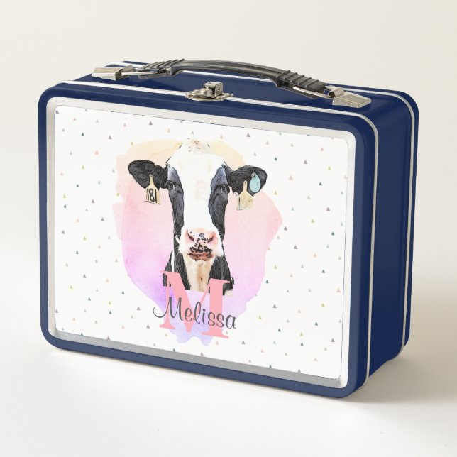 Pretty Monogram Girls Name Pink Cute Holstein Cow Metal Lunch Box (Front)