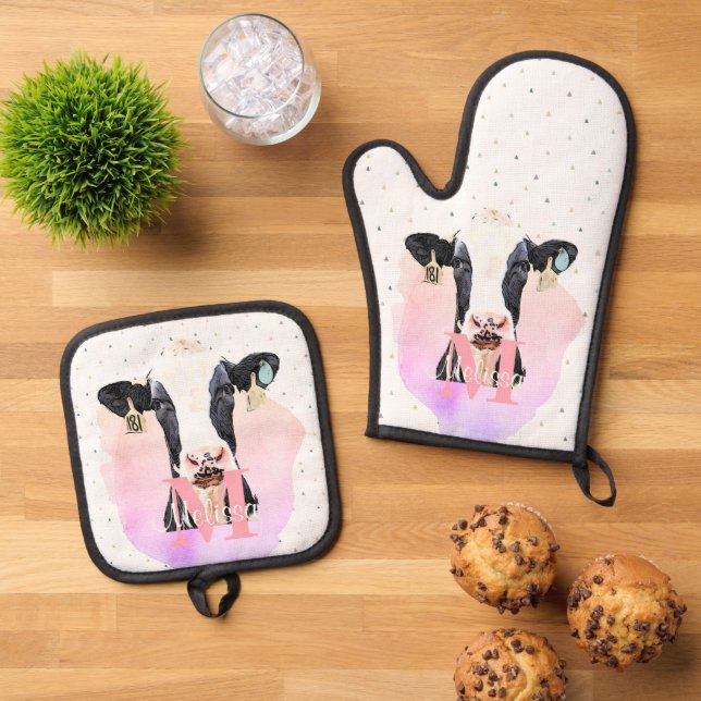 Pretty Monogram Girls Name Pink Cute Holstein Cow Oven Mitt & Pot Holder Set (Top Down)