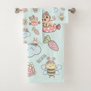 Pretty monogram hand drawn artwork Pink Blue Kids Bath Towel Set