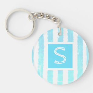 Pretty Monogram Ice Blue White Watercolor Stripes  Key Ring