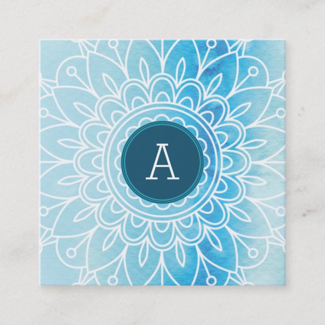 PRETTY MONOGRAM modern boho mandala pattern aqua Square Business Card (Front)