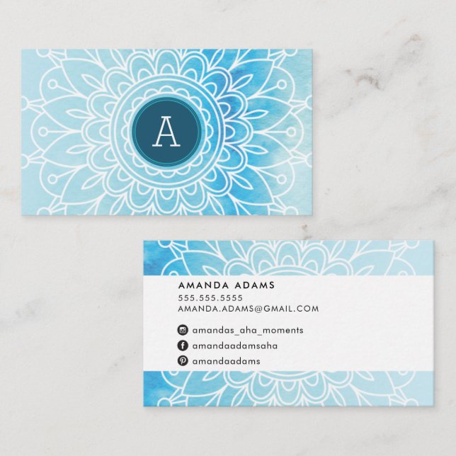 PRETTY MONOGRAM modern boho mandala pattern blue Business Card (Front/Back)