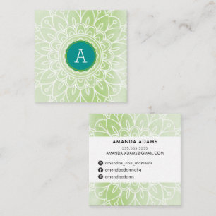 PRETTY MONOGRAM modern boho mandala pattern green Square Business Card