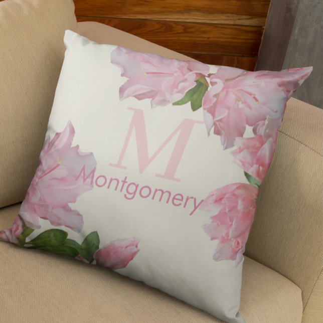 Pretty Monogram Name Pink Floral Ivory Cushion (Creator Uploaded)