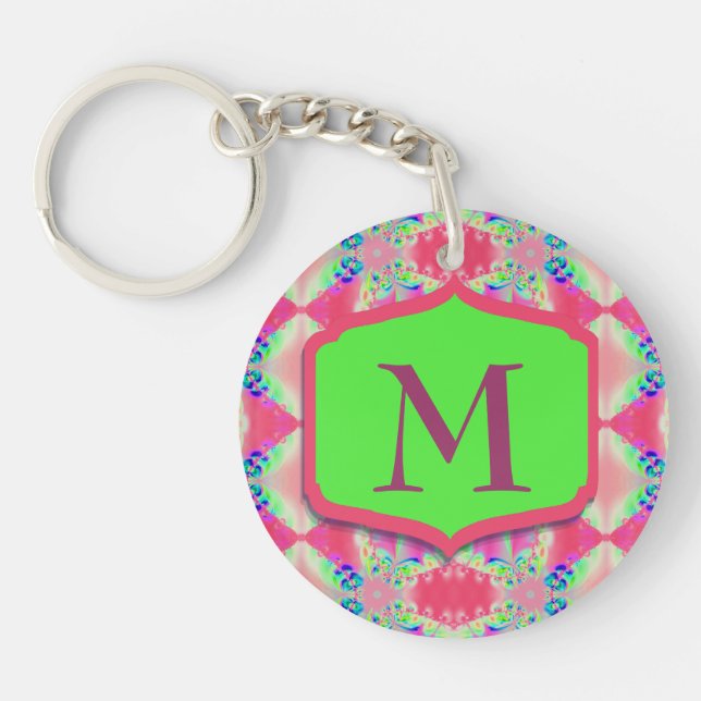Pretty Monogram Pink Green Pattern Key Ring (Front)