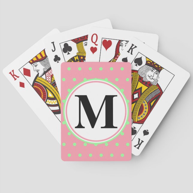 Pretty Monogram Pink Green Polka Dots  Playing Cards (Back)