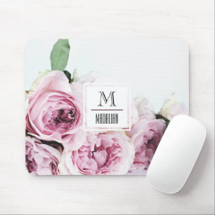 Pretty monogram pink rose initial with border  mouse mat