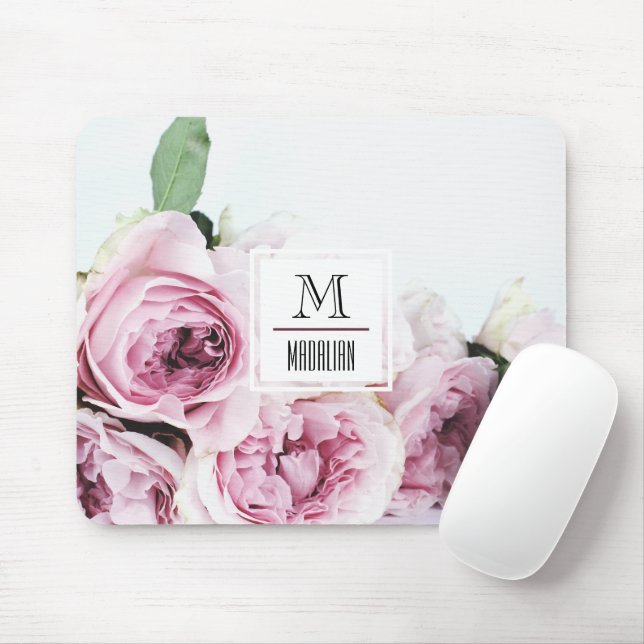 Pretty monogram pink rose initial with border  mouse mat (With Mouse)