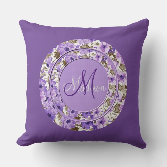 Pretty Monogram Purple & White Floral Pillow 5 (Front)