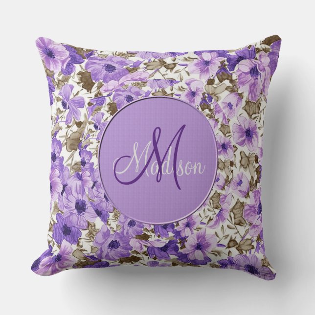 Pretty Monogram Purple & White Floral Throw Pillow (Front)