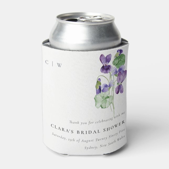 Pretty Monogram Violet Floral Bunch Bridal Shower Can Cooler (Can Front)